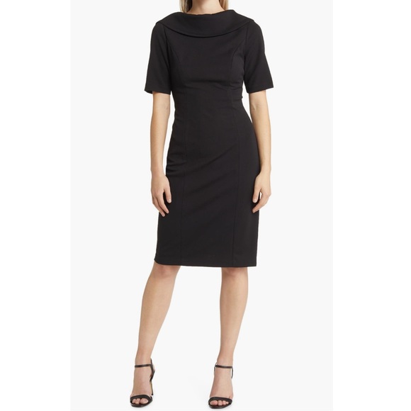 Navy Blue Adrianna Papell Fold Over Neck V-Back Midi Sheath Dress - Reemoly - Picture 1 of 15